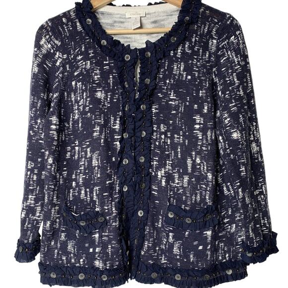 CHICO'S Women Cardigan Sz 1 Beaded Ruffle Blue/White Preppy Sweater pockets M - Picture 1 of 12